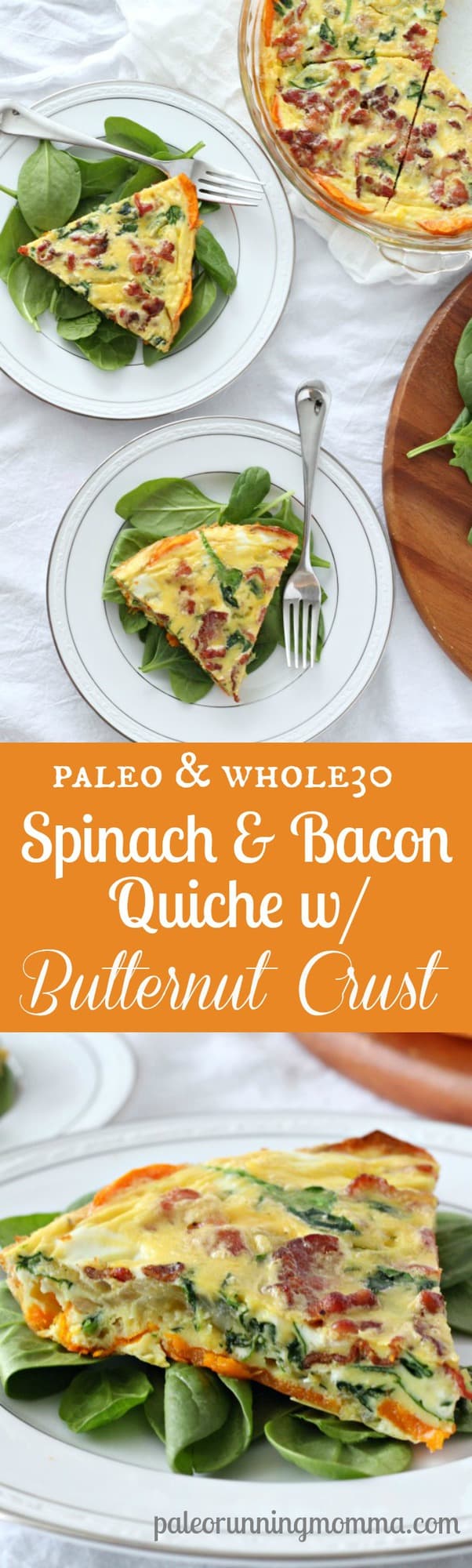 Spinach and Bacon Quiche with easy butternut squash crust - delicious and healthy #paleo and #whole30 breakfast, brunch, or make ahead meal!  #glutenfree, #dairyfree #grainfree 