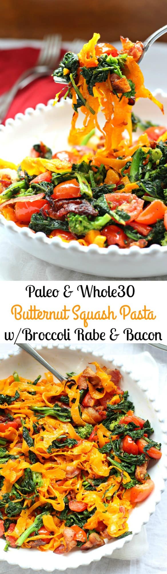 Paleo Butternut Squash Pasta with Broccoli Rabe, Bacon, and Tomatoes - Paleo & Whole30, clean eating, grain free, dairy free