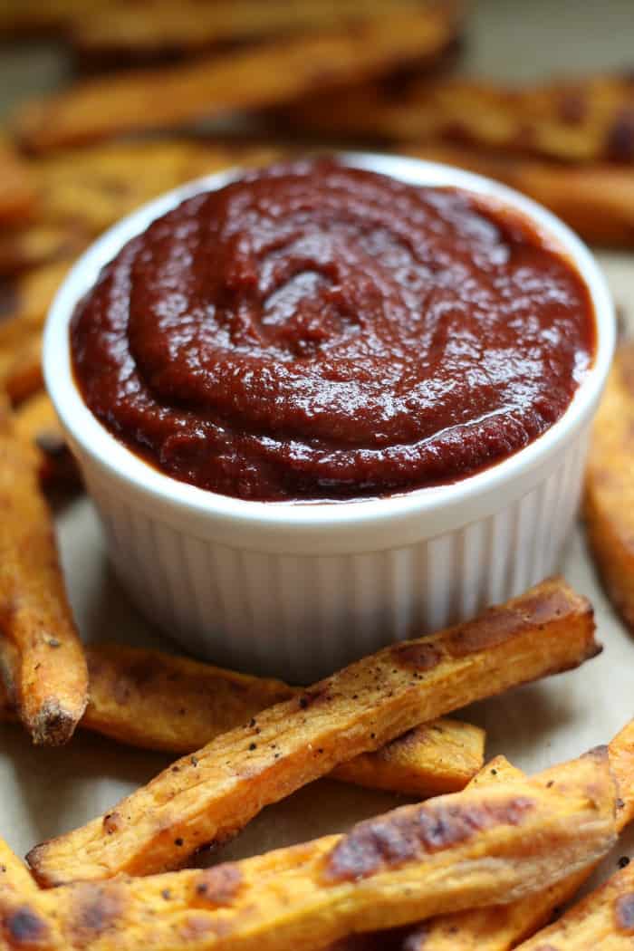Crispy sweet potato fries and paleo bbq sauce