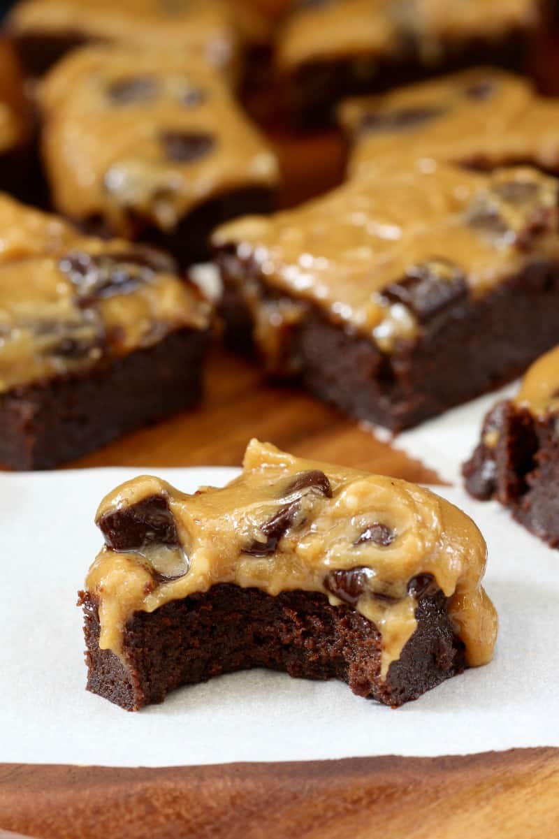 Flourless Brownies with Caramel Chocolate Chunk Frosting - Paleo