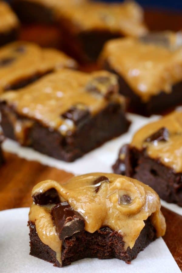 Flourless Caramel Chocolate Chunk Frosted Fudge Brownies {Paleo}
