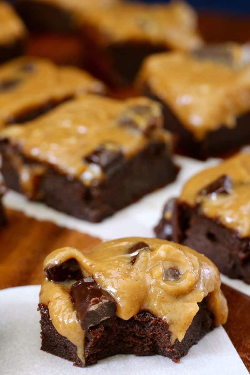 Flourless Paleo Fudge Brownies with Caramel Chocolate Chunk Frosting