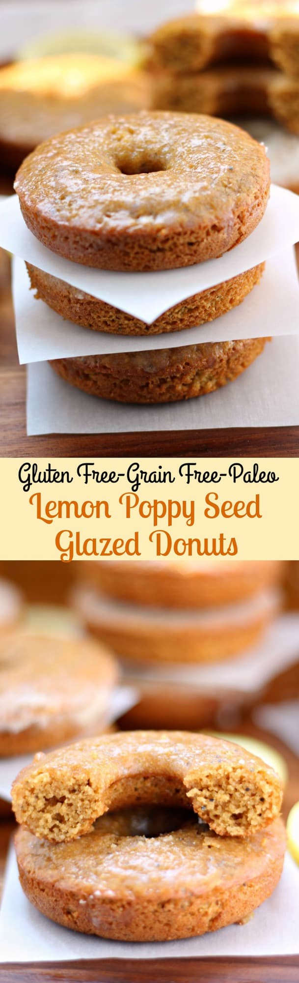 Healthy Paleo Lemon Poppy Seed Baked Glazed Donuts that are gluten free, grain free, and Paleo made with almond flour and a lemon maple glaze