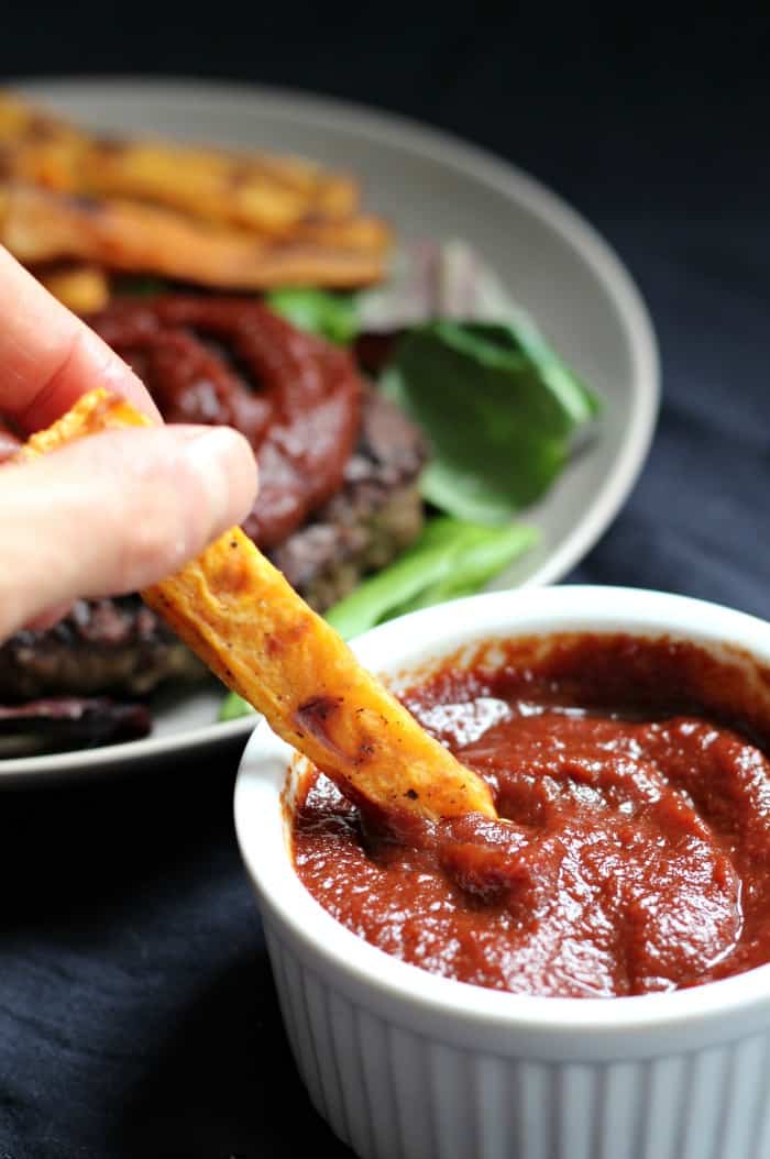 Paleo bbq sauce with baked sweet potato fries