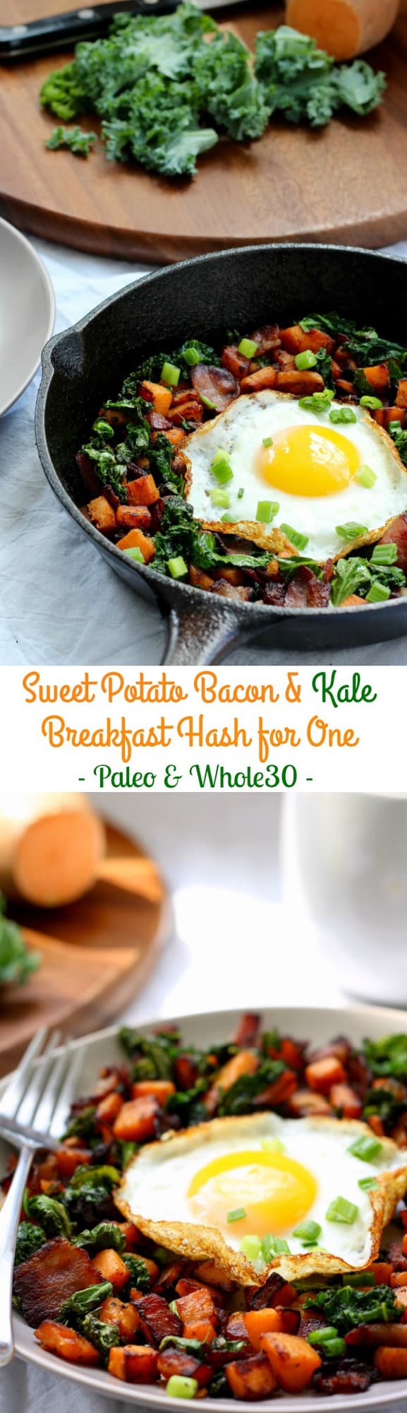 Sweet Potato Bacon and Kale breakfast Hash for one - Paleo and Whole30, grain free, dairy free