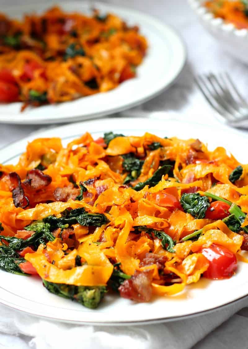 Paleo butternut squash pasta with bacon tomato and broccoli rabe - paleo and whole30