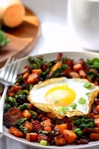 sweet potato kale and bacon hash, for one - paleo and whole30