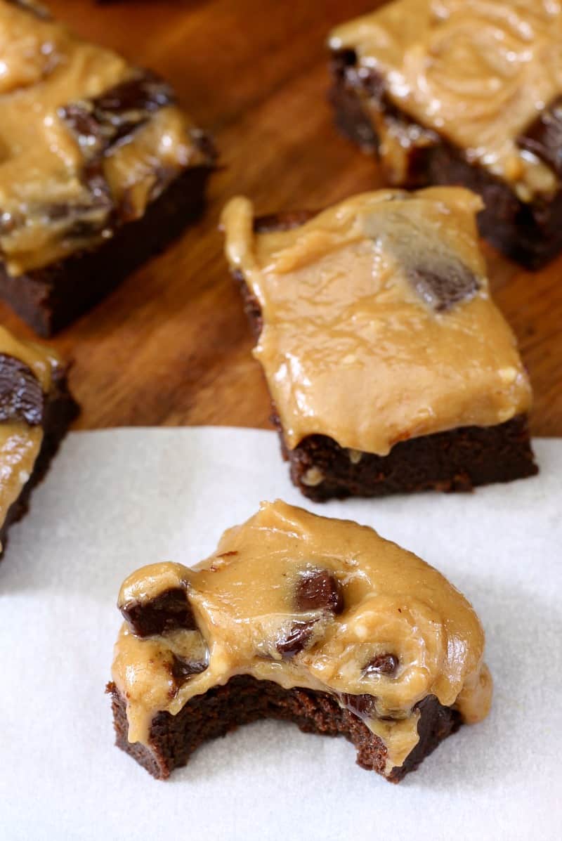 Flourless Paleo Fudge Brownies with Chocolate chunk Caramel Frosting