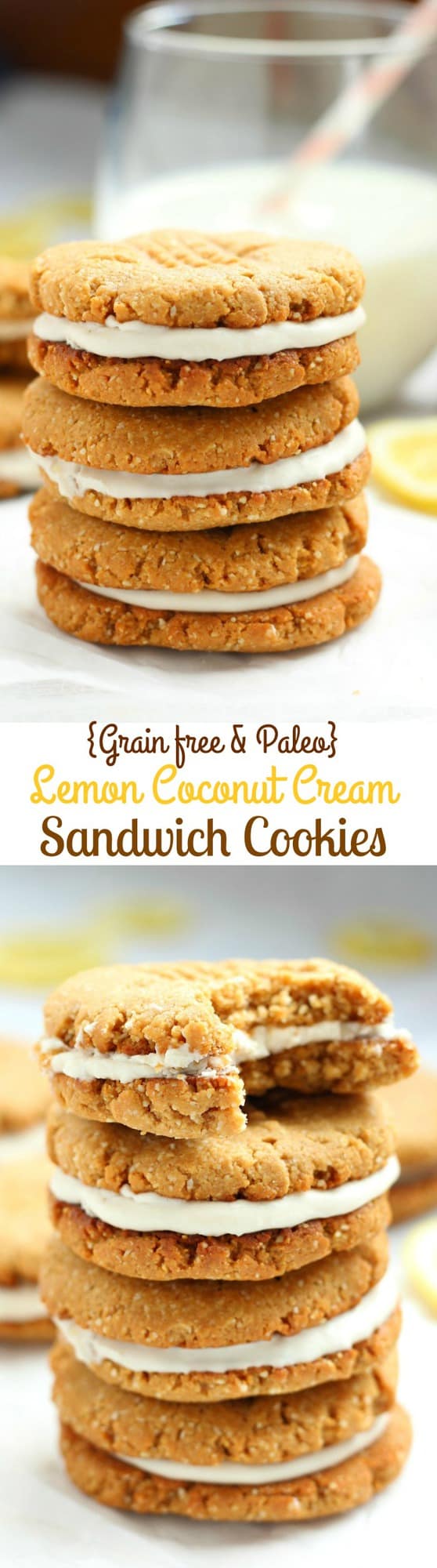 Lemon Coconut Cream Sandwich Cookies - gluten free, grain free, dairy free, paleo chewy cookies with creamy lemon coconut filling