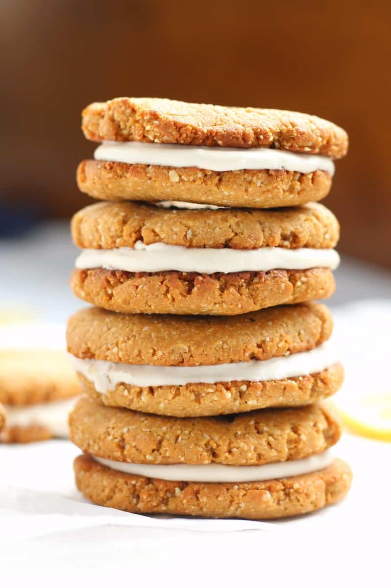 Lemon coconut cream sandwich cookies that are grain free, dairy free, and paleo