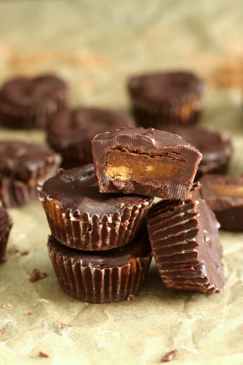 Mini chocolate almond butter cups sweetened with maple syrup - paleo