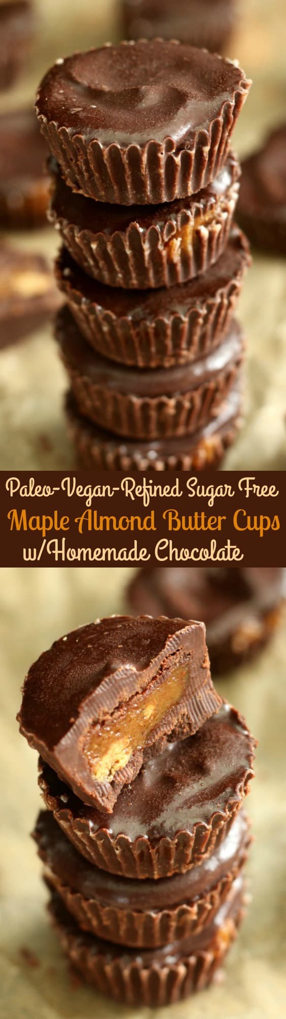 Mini maple almond butter cups with homemade coconut oil chocolate - paleo, vegan, and refined sugar free