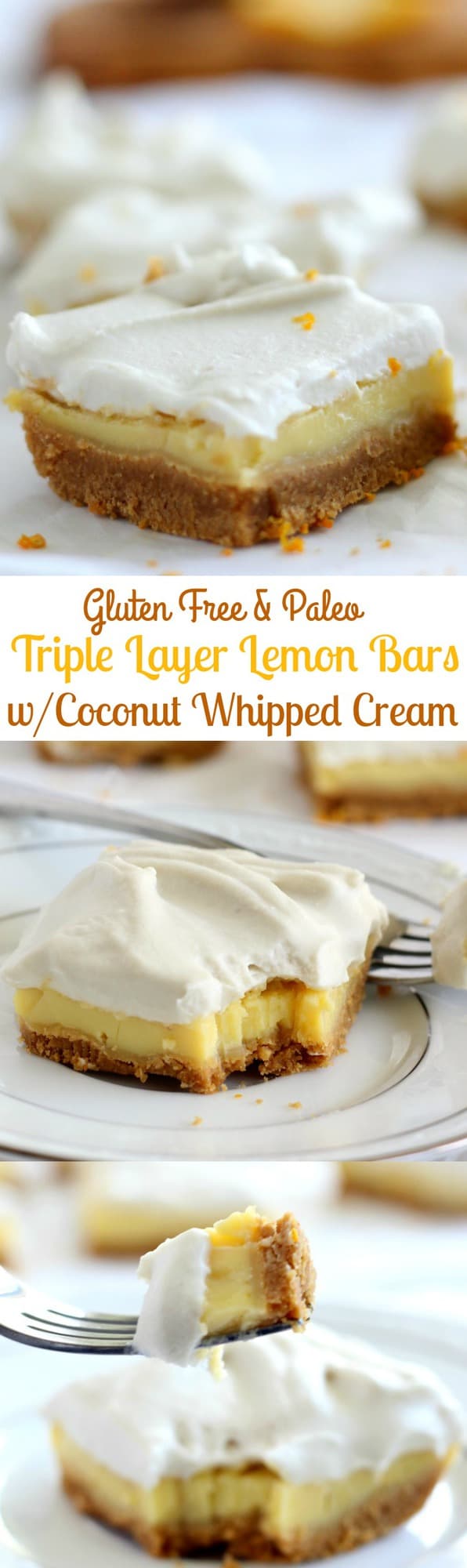 Triple Layer Paleo Lemon Bars that are gluten free, dairy free, #Paleo - topped with easy coconut whipped cream - these bars are a dream!