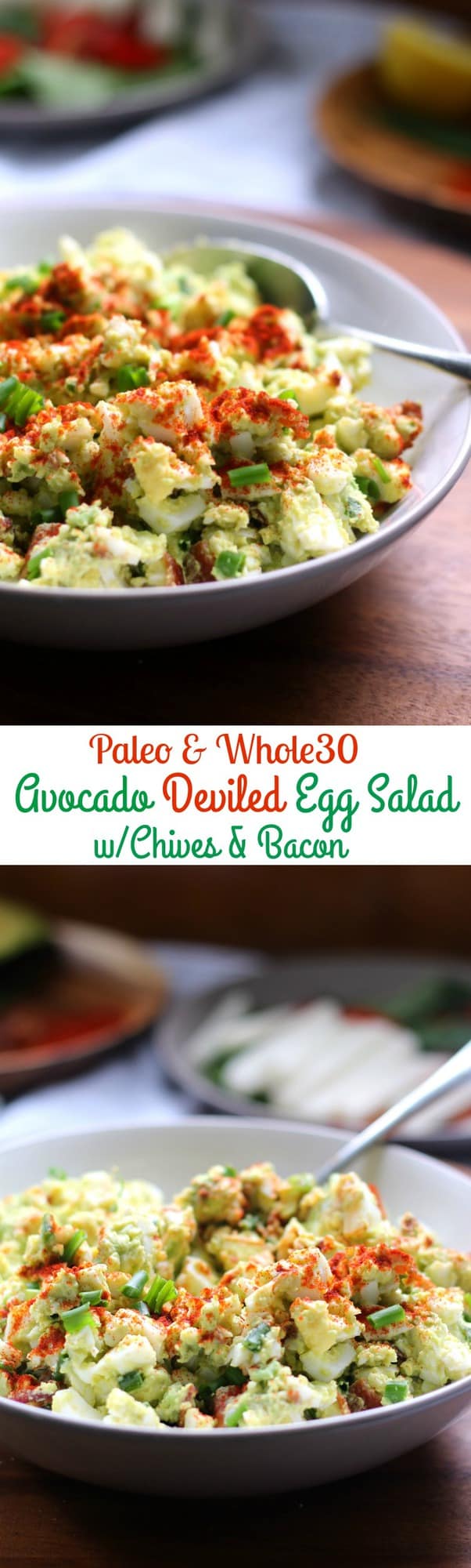 Deviled Avocado Egg Salad with Chives and Bacon - No Mayo! Creamy and healthy egg salad with bacon and chives