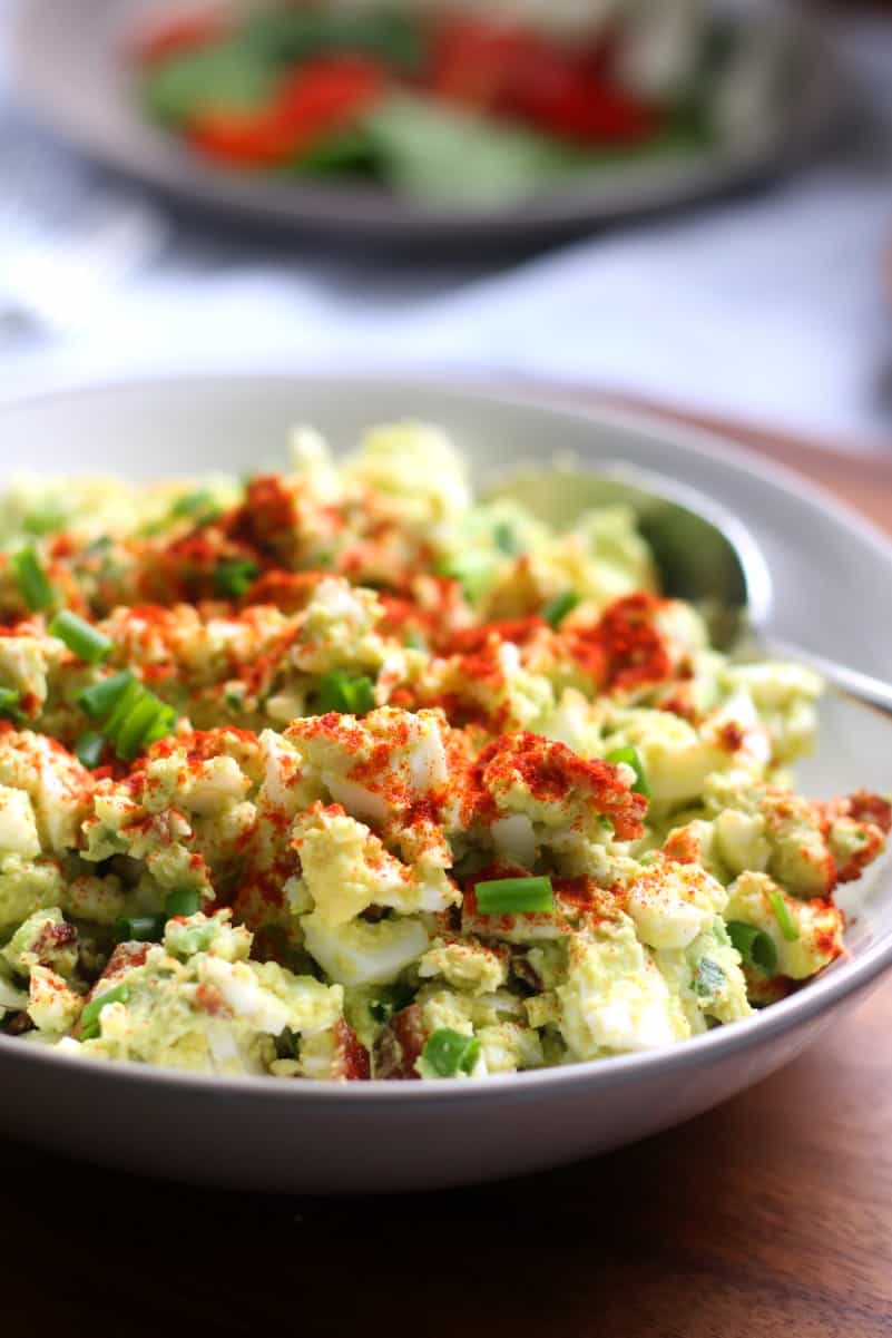 deviled Avocado egg salad with bacon, chives, and no mayo! Paleo and Whole30 friendly