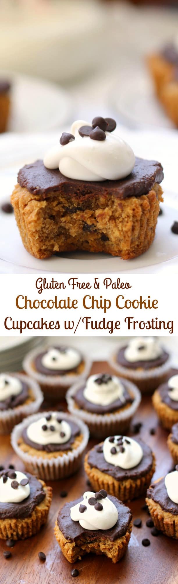 Gluten free, dairy free and Paleo Chocolate Chip cookie cupcakes with chocolate fudge frosting