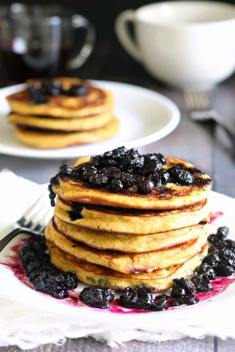paleo blueberry pancakes with blueberry maple syrup
