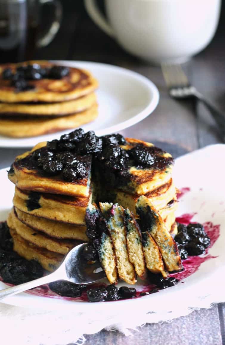 paleo blueberry pancakes with maple blueberry compote