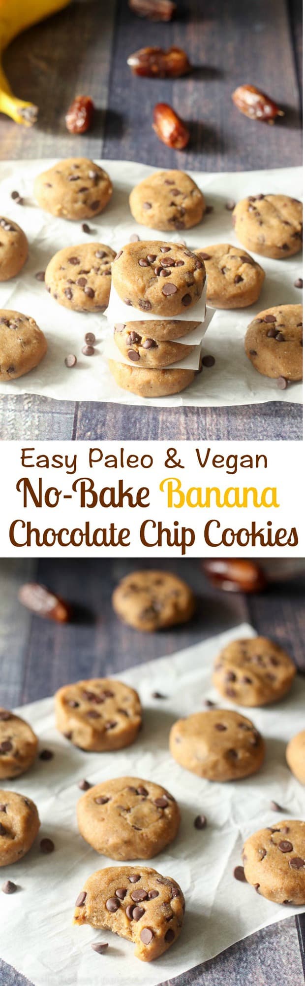Easy Paleo and vegan no bake banana chocolate chip cookies, naturally sweetened with dates with cashew butter and coconut for the perfect