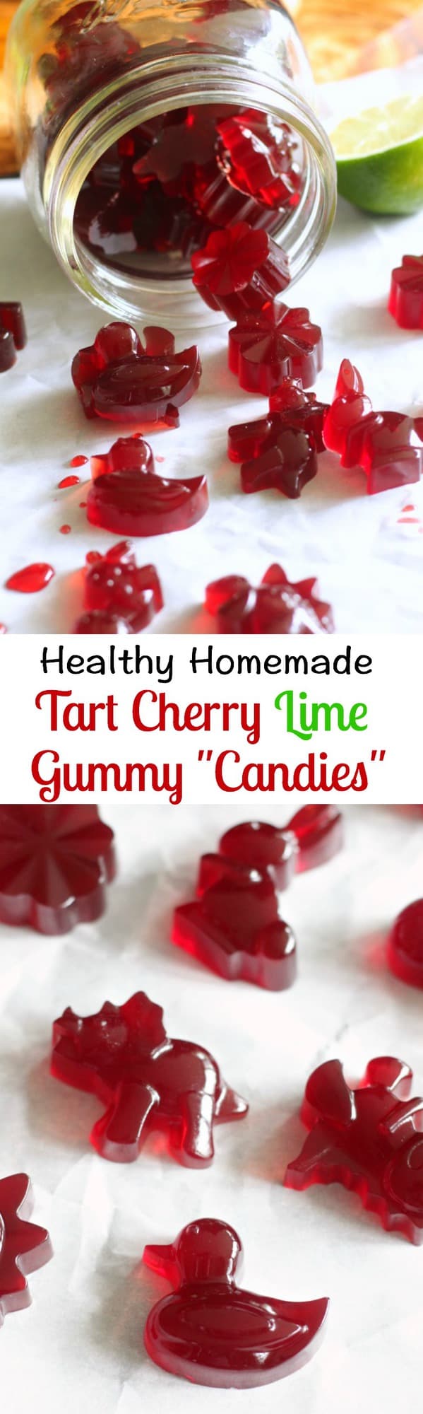 This Tart Cherry Lime Homemade Gummy "Candy" is made with grass fed, pasture raised gelatin for a boost of immunity and gut healing powers!  This healthy homemade gummy candy is ultra kid friendly and great for grown-ups too.   Made with 100% tart cherry juice, raw honey and grass fed gelatin.