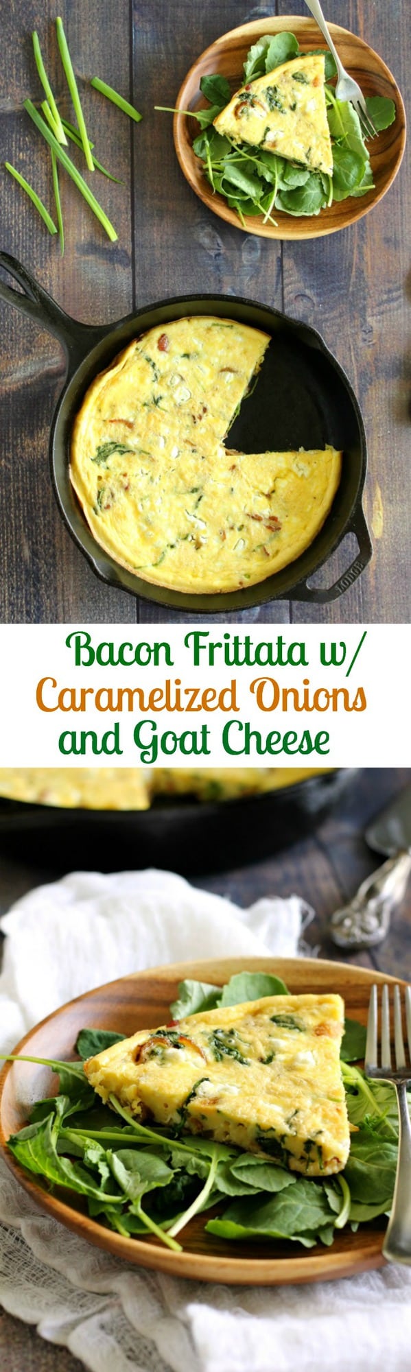 One pan bacon frittata with caramelized onions and goat cheese - primal, grain free, gluten free and low carb. Great addition to brunch or make ahead for easy weekday breakfasts!