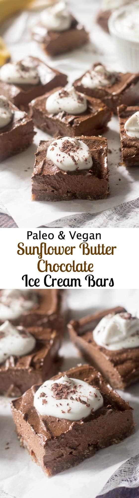 Sunflower butter banana chocolate ice cream bars on a pecan coconut crust - paleo and vegan!