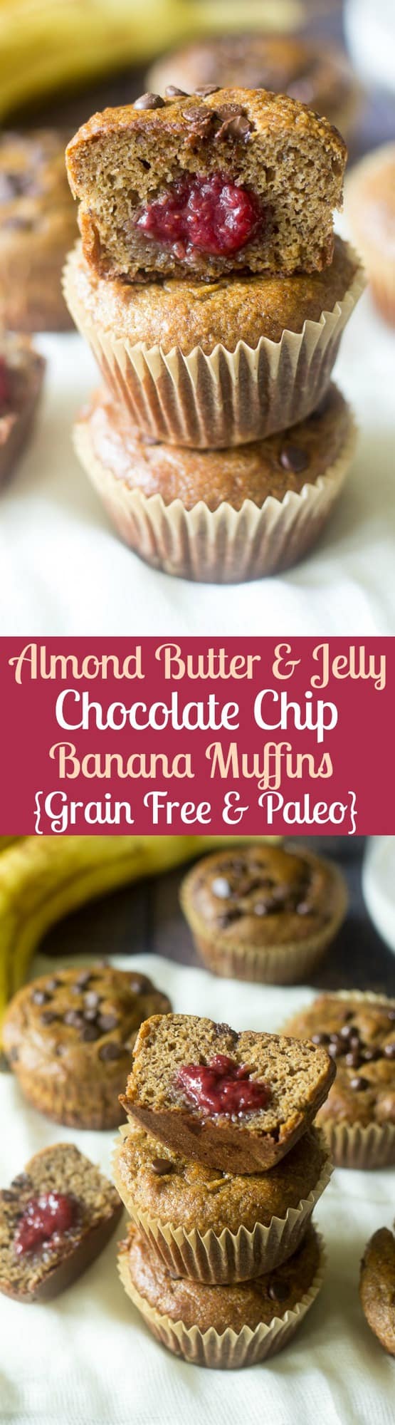 Almond Butter and Jelly Chocolate chip paleo banana muffins made with homemade jelly, grain free, refined sugar free, classic comfort food made healthy!