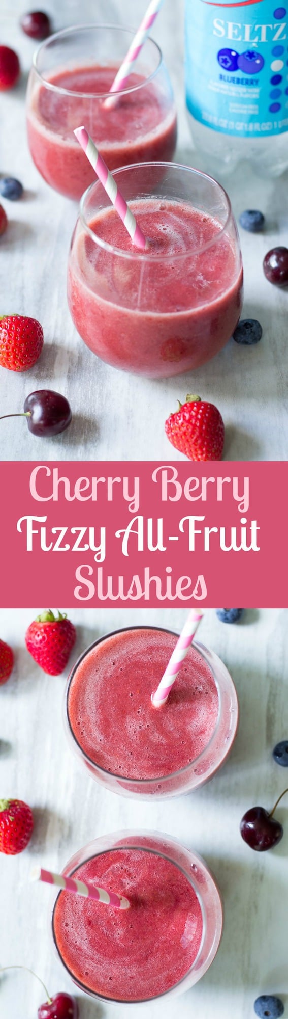 Cherry Berry Fizzy All-Fruit Slushies made with frozen fruit and blueberry flavored Seltzer