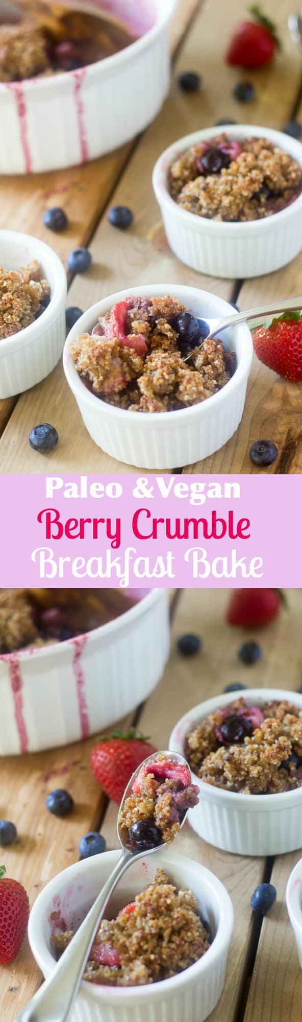 Paleo & Vegan Berry crumble breakfast bake with loads of fresh sweet berries, no refined sugar and a toasty crispy topping! Great for breakfast or a healthy dessert