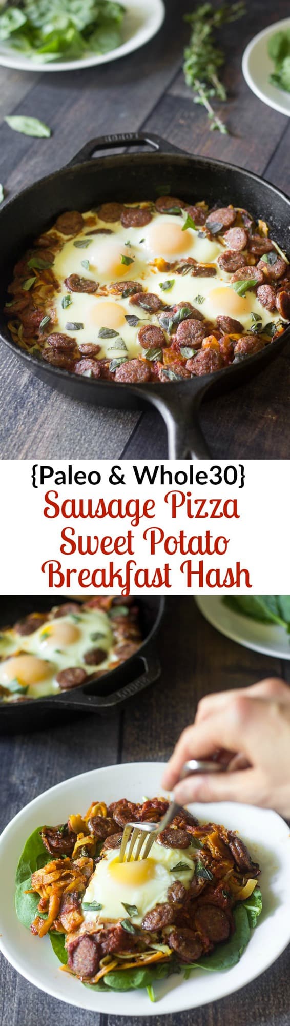 Paleo and whole30 sausage pizza breakfast hash with spiralized or shredded sweet potatoes and eggs baked right in. Seriously delicious and healthy!