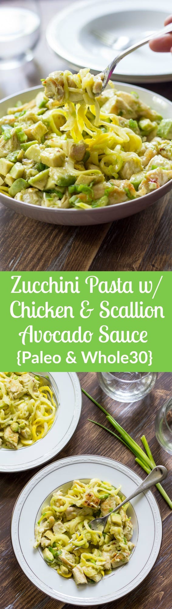 Zucchini Pasta with Chicken an easy scallion avocado sauce that's whipped up quickly in a blender. Great weeknight summer dinner and can be eaten warm or cold!