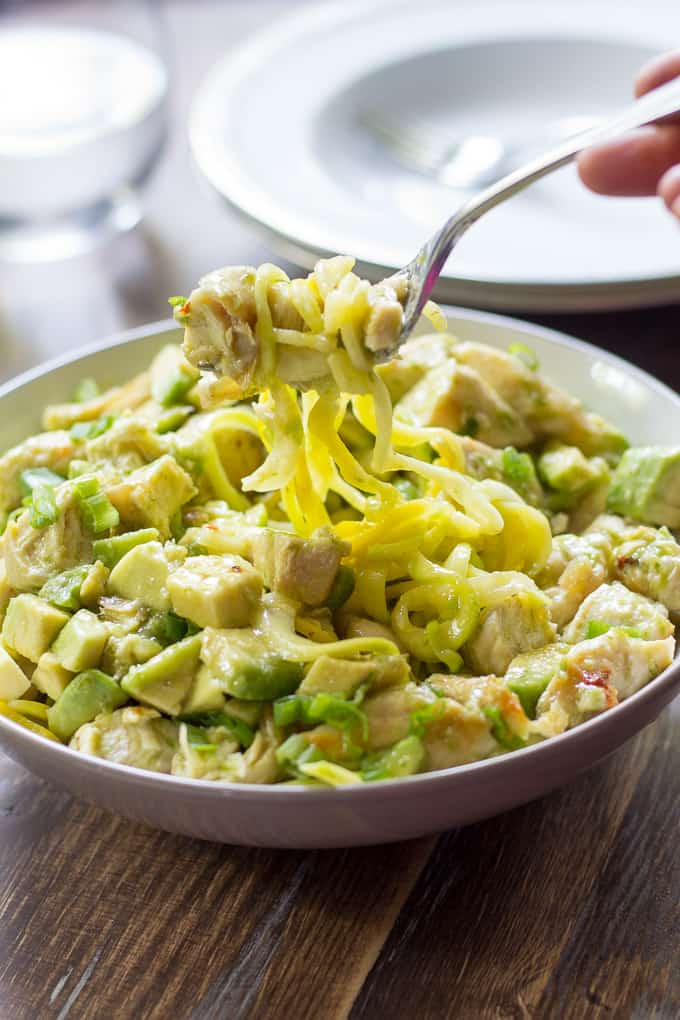 Zucchini Pasta with Chicken and Scallion Avocado Sauce {Whole30}