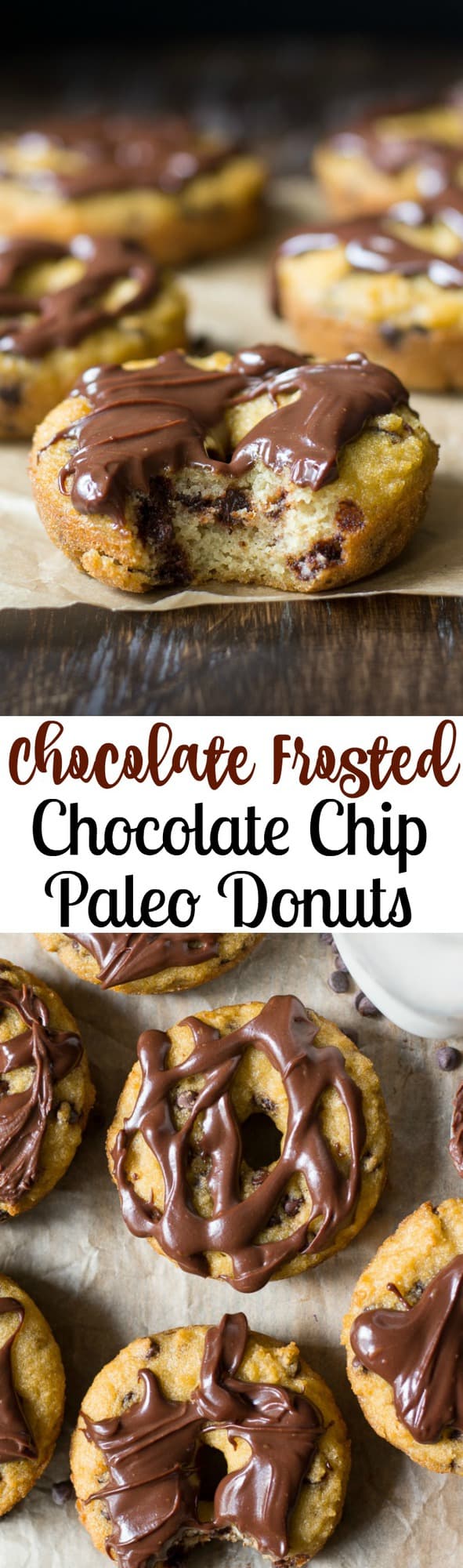 Grain Free and Paleo donuts with chocolate chips and rich chocolate ganache frosting