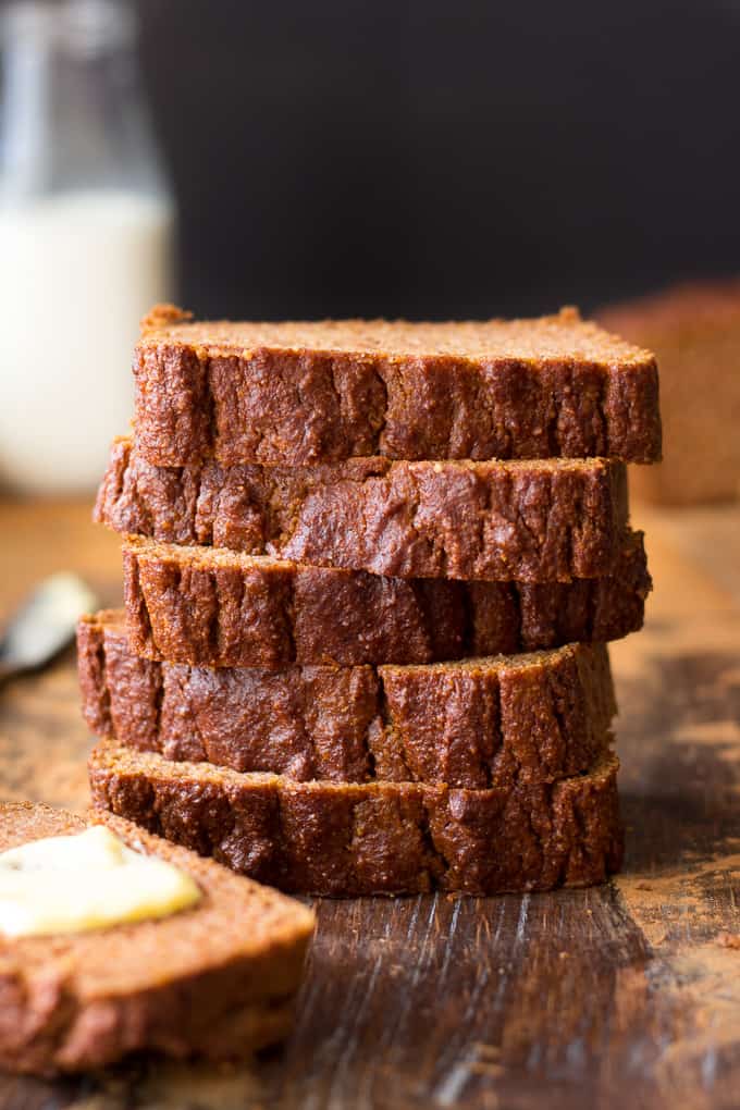 closeup view of a stack of five pumpkin bread slices 