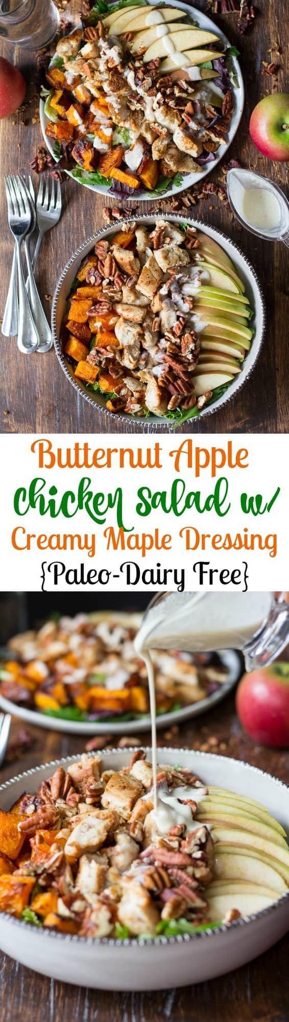 Paleo Roasted Butternut Apple Chicken Salad topped with crunchy pecans and creamy maple cider dressing - gluten free, dairy free, Paleo