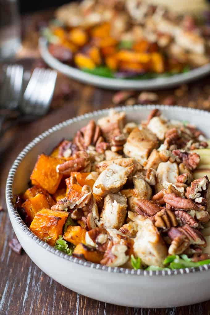 closeup photo of butternut apple chicken salad in a bowl