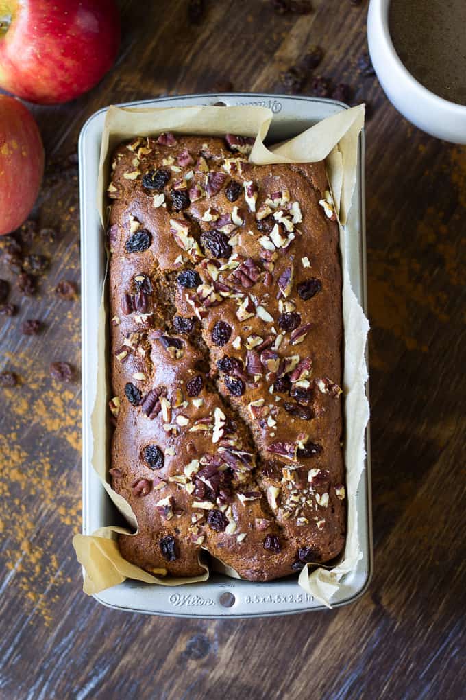 overhead view of cinnamon raisin bread in a loaf pan