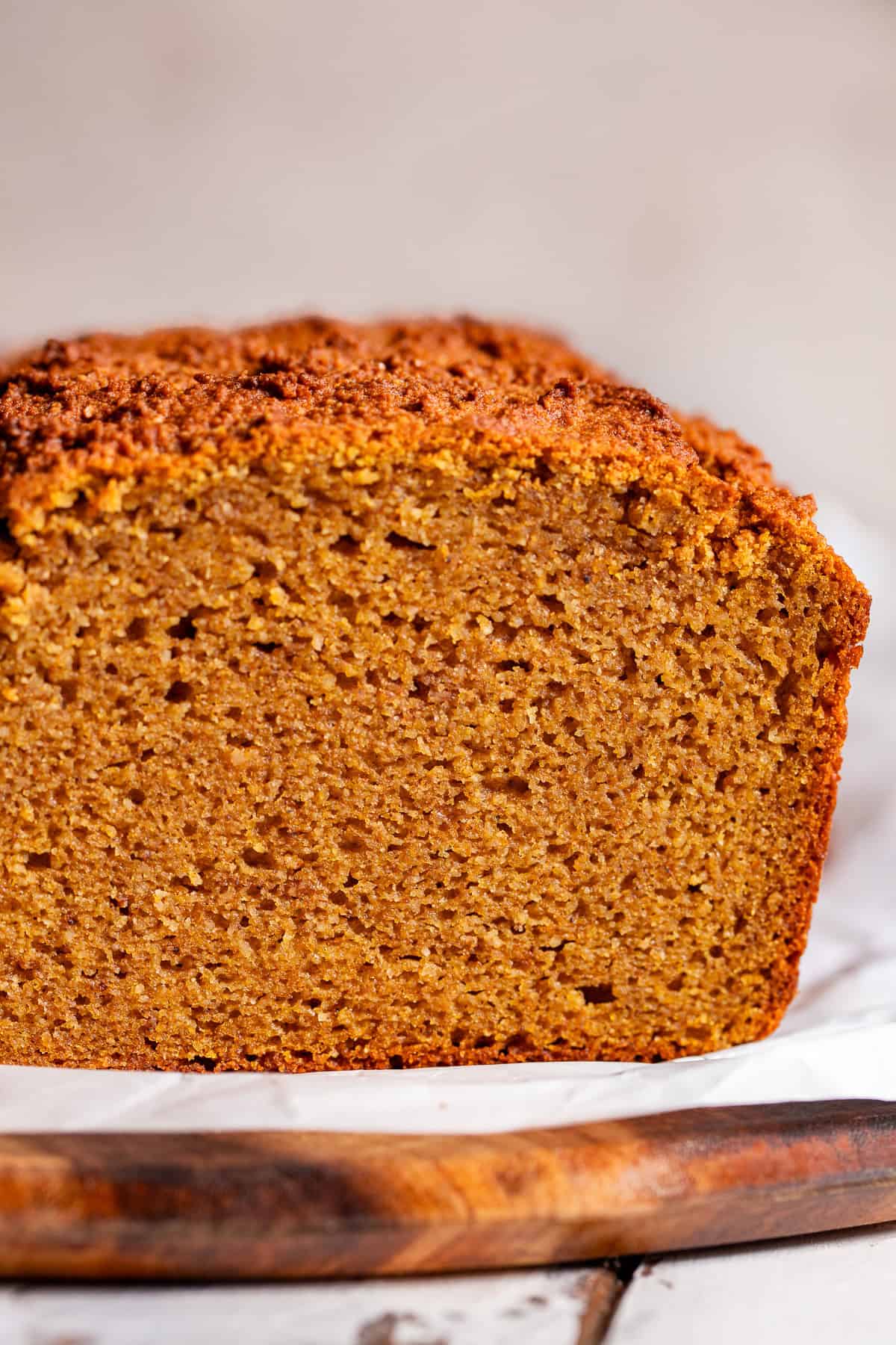 Close-up of moist gluten free pumpkin bread made with almond flour