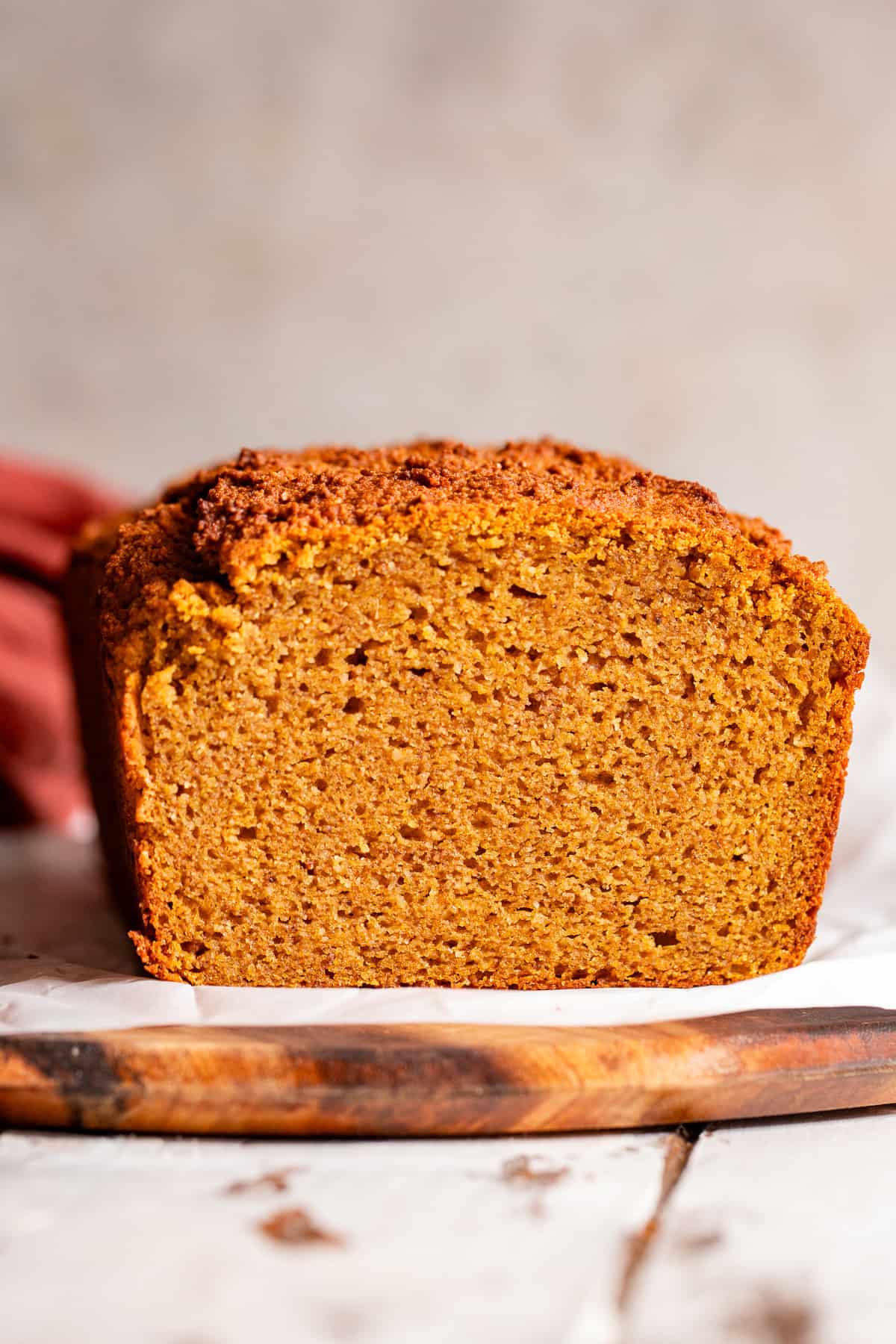 Close-up of moist gluten free pumpkin bread made with almond flour