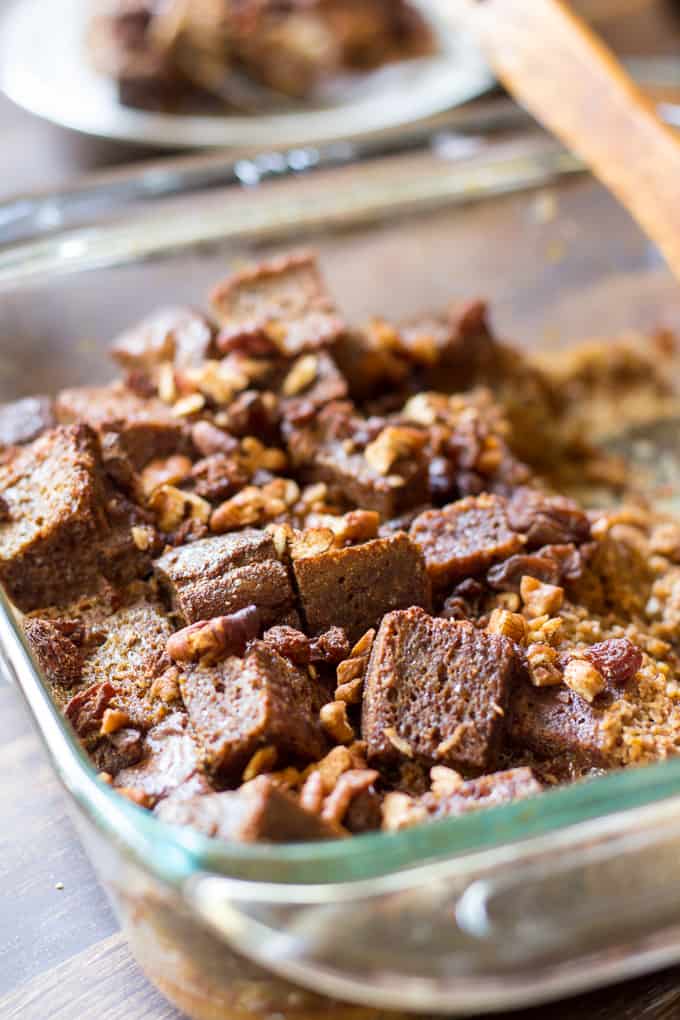 pecan and pumpkin french toast bake in a glass baking dish