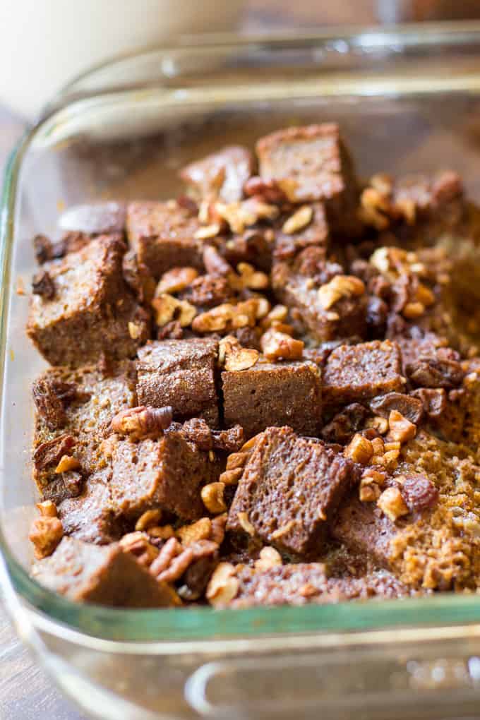 baked pumpkin french toast with pecans in a baking dish