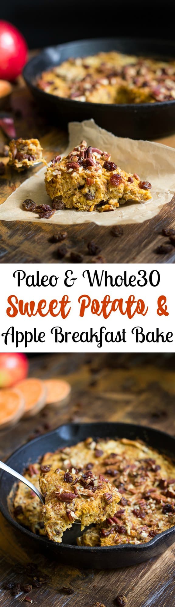 Paleo and Whole30 sweet potato apple breakfast bake that's a naturally sweet, simple, comforting and healthy one-skillet breakfast