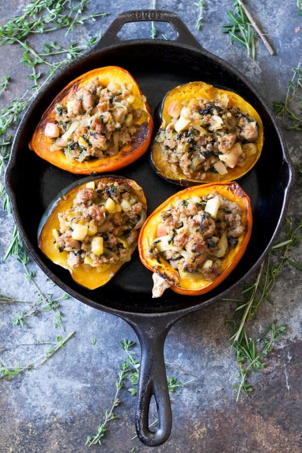 Caramelized Onion Sausage Stuffed Acorn Squash {Paleo & Whole30}