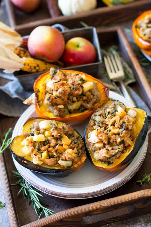 Hearty Caramelized Onion Apple Sausage Stuffed Acorn Squash