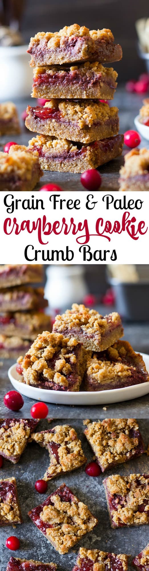Paleo Cookie Crumb Cranberry Bars that are quick and easy to make and a great healthy dessert for the holidays! Use leftover cranberry sauce!