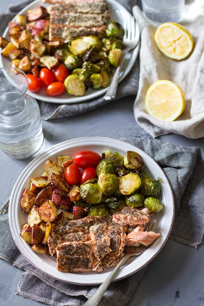 Easy Salmon with Lemon Dill Potatoes and Brussels Sprouts {Paleo}