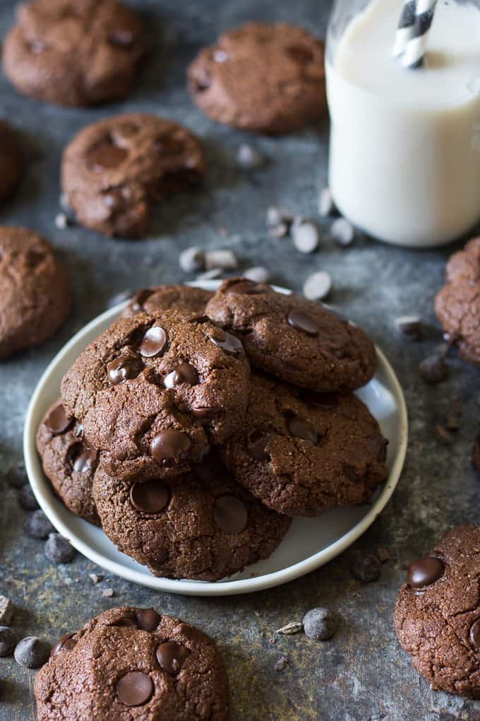 paleo chewy double chocolate tahini cookies