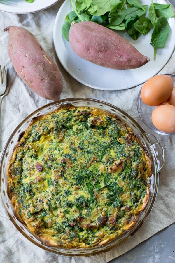 Paleo & Whole30 Spinach Quiche with Bacon Mushrooms and Onions