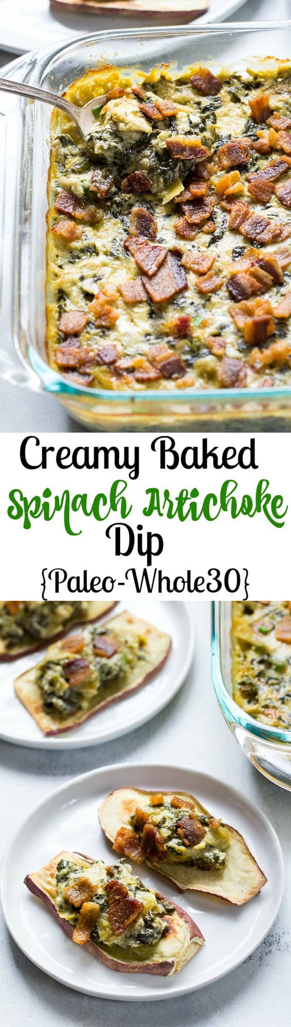 Creamy Baked Spinach Artichoke Dip that you won't believe is dairy free! Super creamy and packed with flavor, this dip is great for veggies, chips, and as a topping or spread for potatoes, chicken and burgers. Paleo & Whole30 compliant.