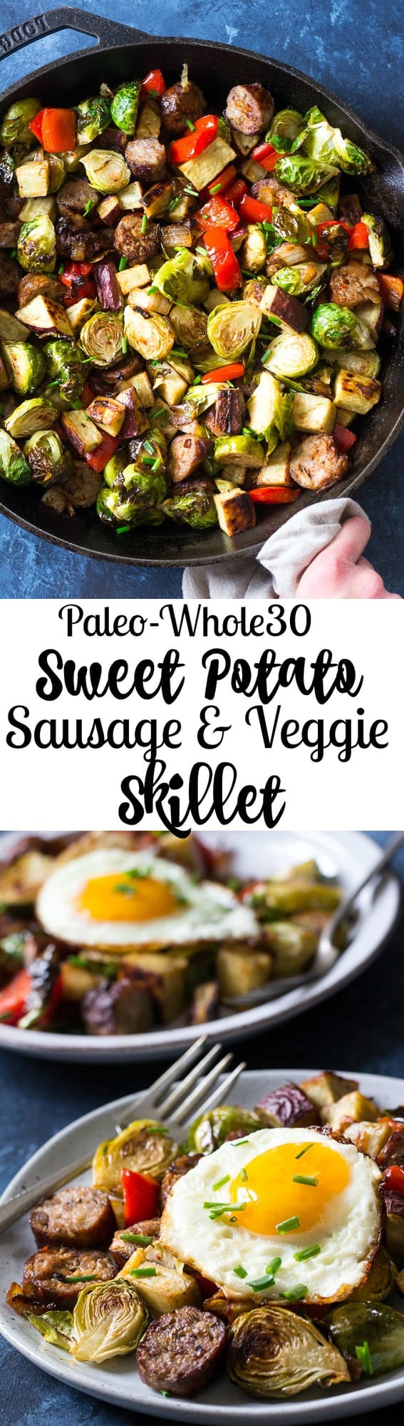 This Whole30 and paleo sausage sweet potato veggie skillet is easy to make, great for lunch, dinner or topped with fried eggs for breakfast!  